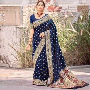 Blue Festive Wear Woven Banarasi Silk Saree - Peachmode