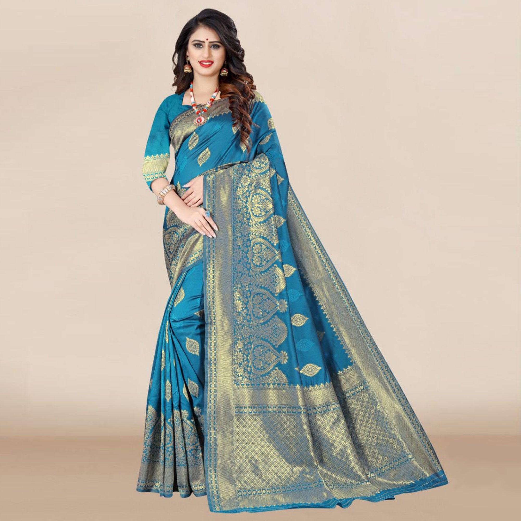Blue Festive Wear Woven Banarasi Silk Saree - Peachmode
