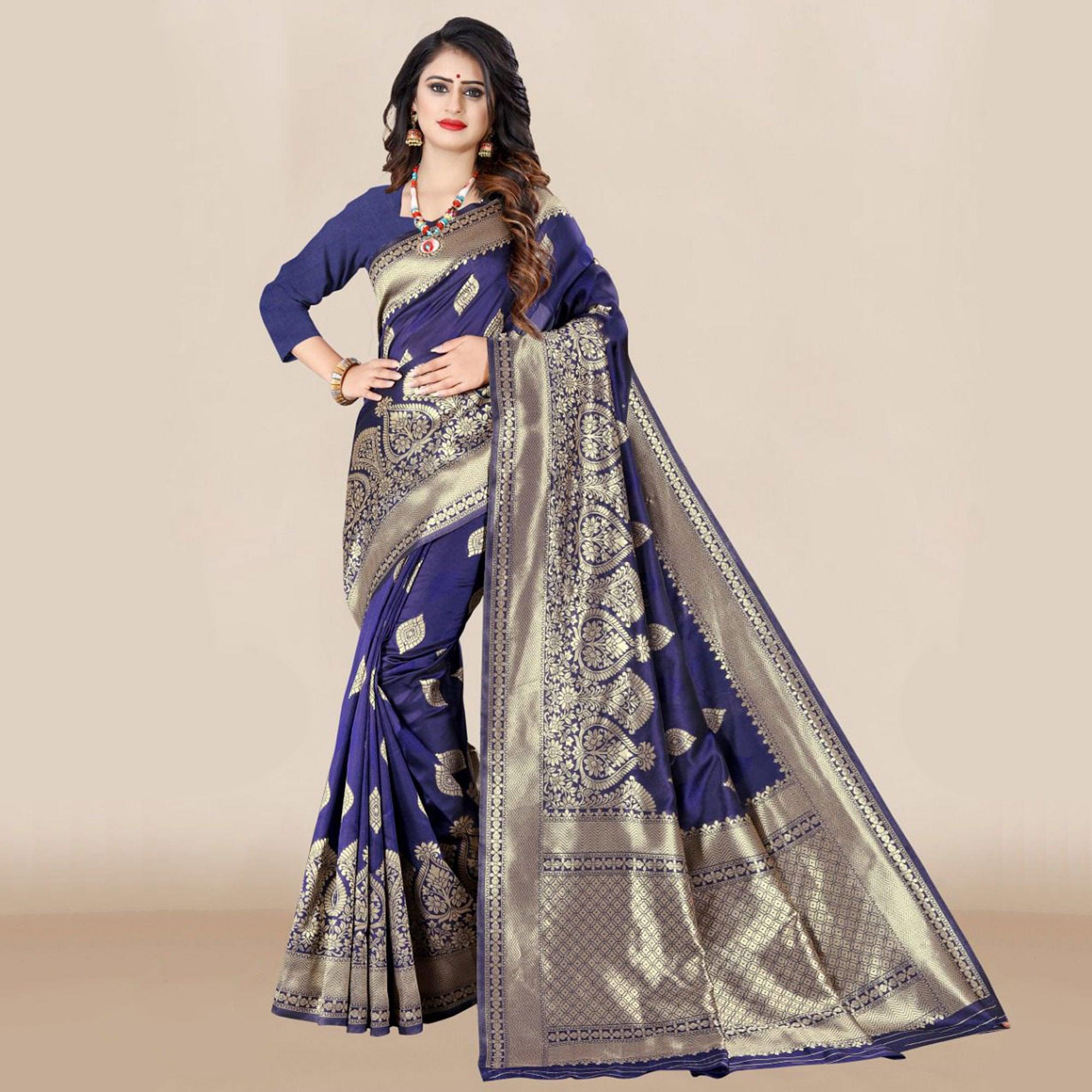 Blue Festive Wear Woven Banarasi Silk Saree - Peachmode