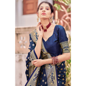 Blue Festive Wear Woven Banarasi Silk Saree - Peachmode