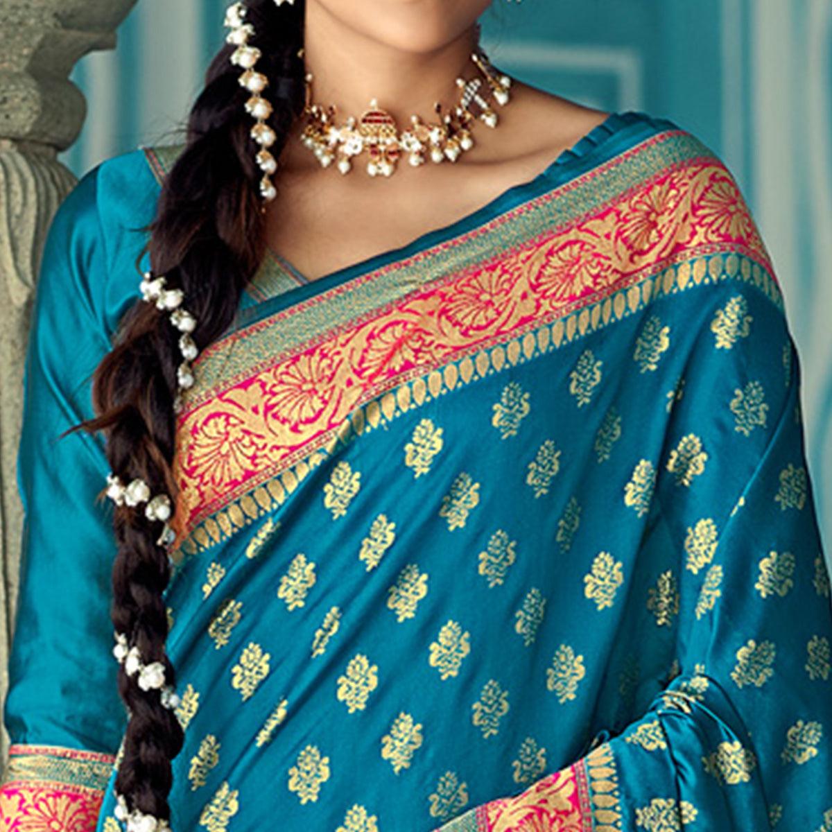 Blue Festive Wear Woven Banarasi Silk Saree - Peachmode