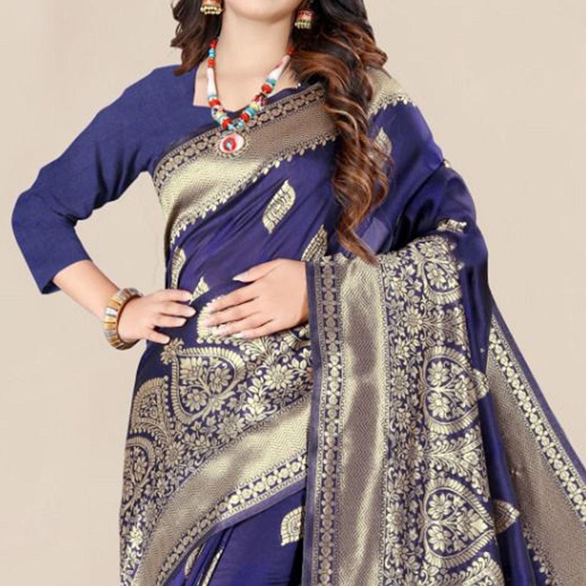 Blue Festive Wear Woven Banarasi Silk Saree - Peachmode