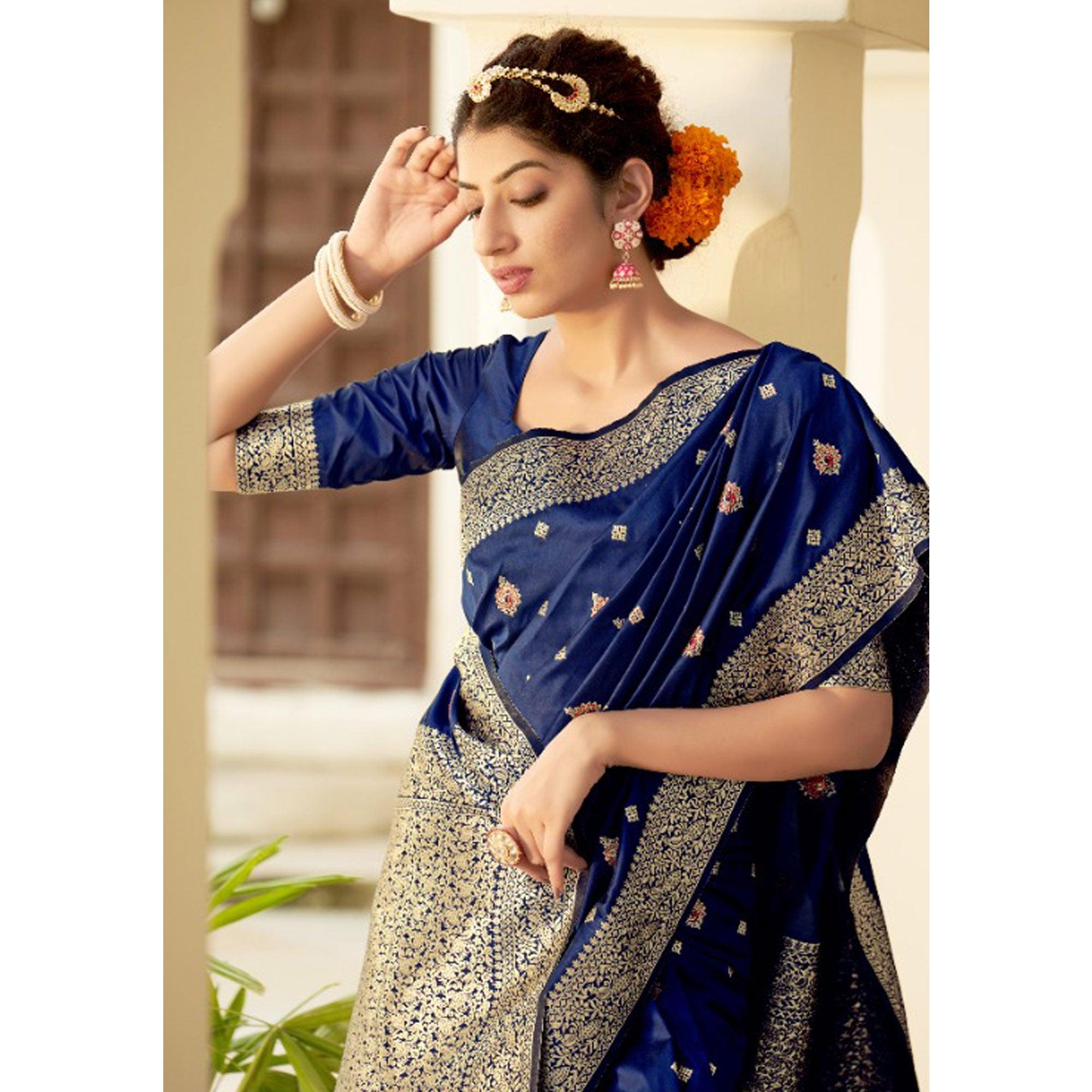 Blue Festive Wear Woven Banarasi Silk Saree - Peachmode
