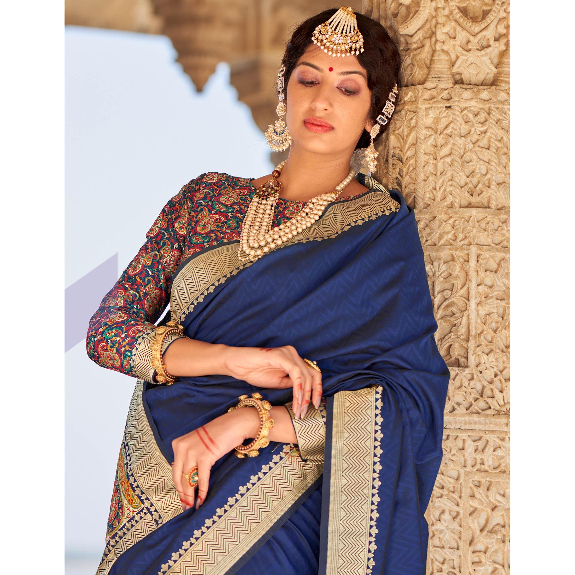 Blue Festive Wear Woven Banarasi Silk Saree - Peachmode