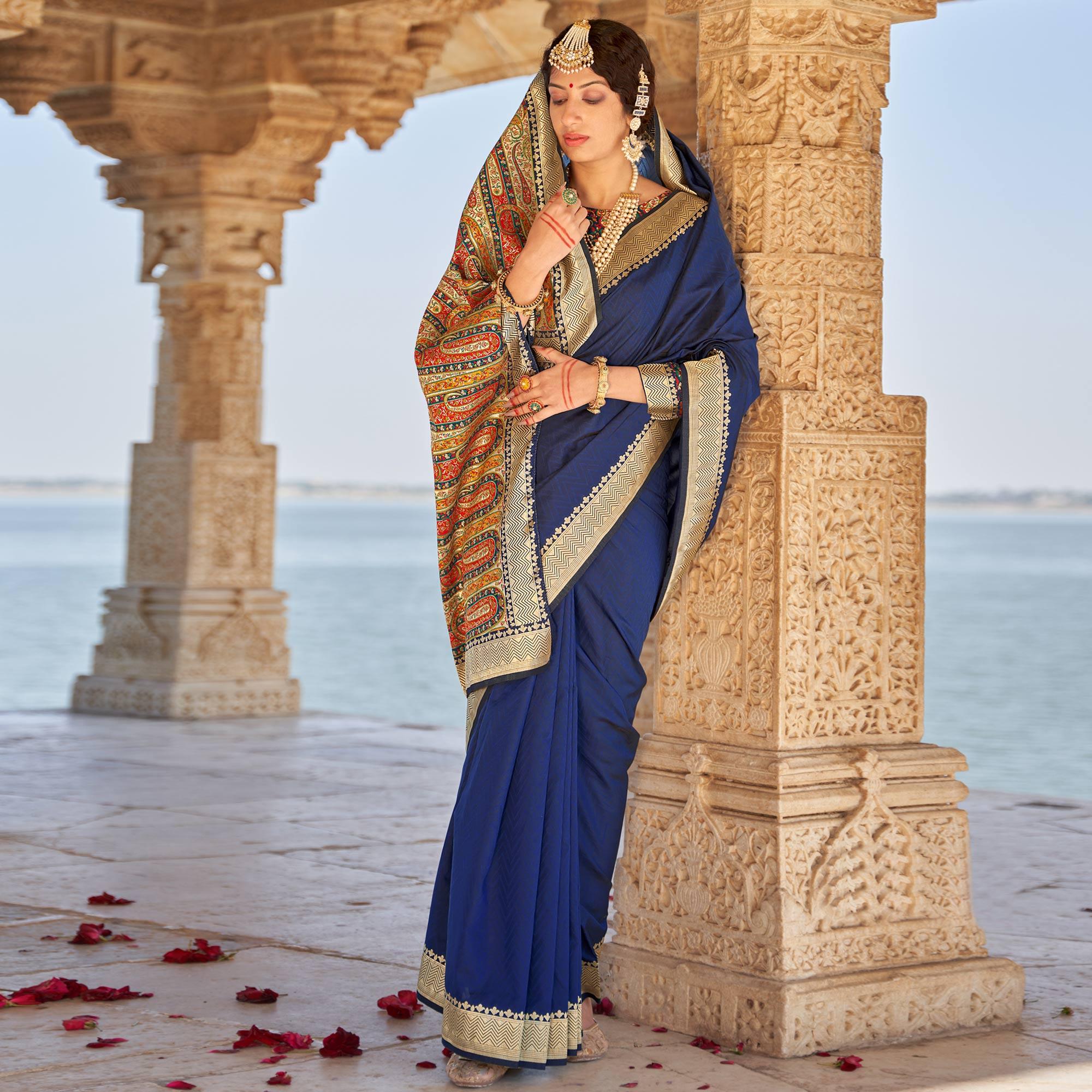 Blue Festive Wear Woven Banarasi Silk Saree - Peachmode