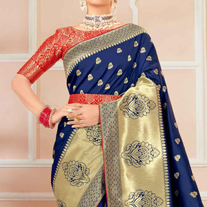 Blue Festive Wear Woven Banarasi Silk Saree With Tassels - Peachmode