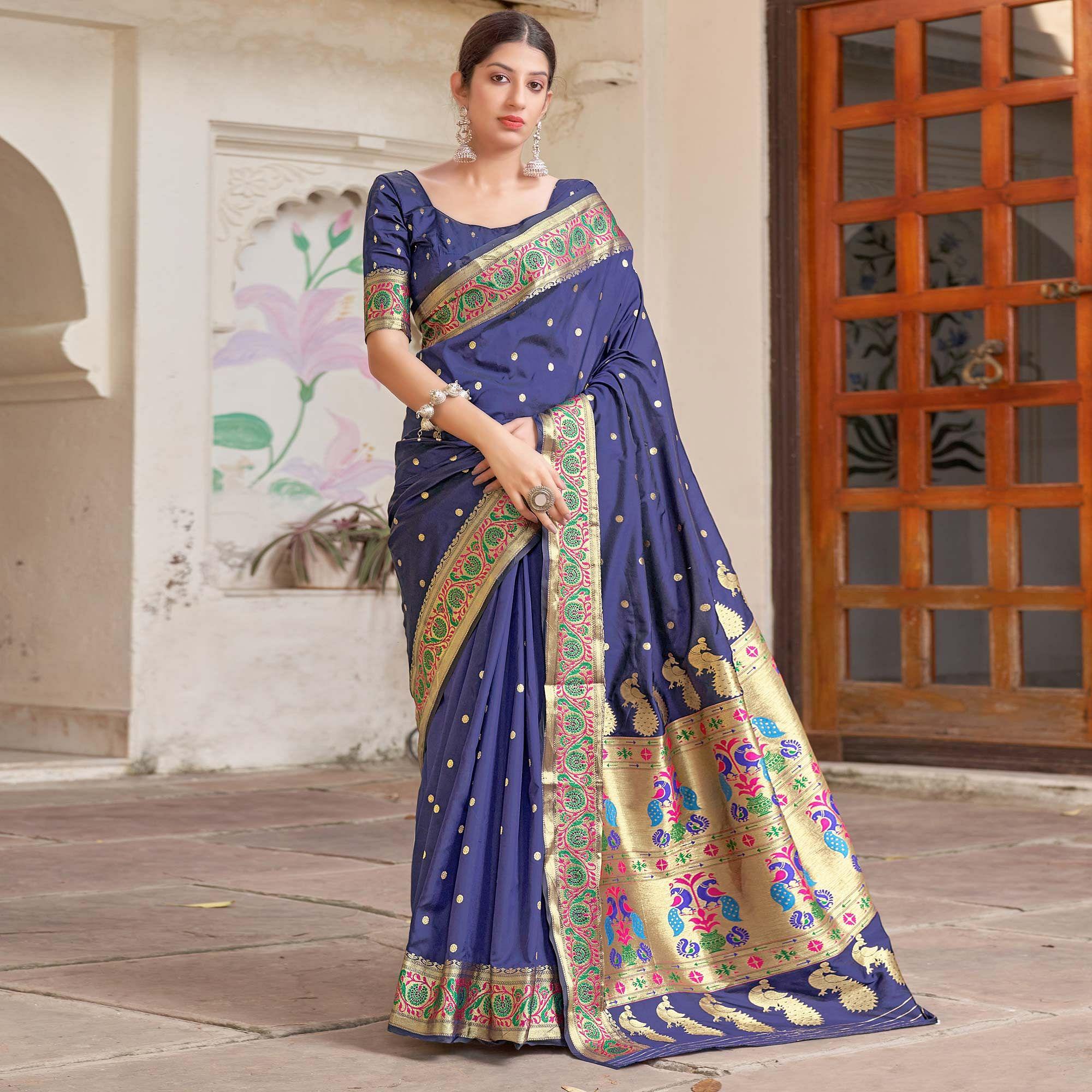 Blue Festive Wear Woven Banarasi Soft Silk Saree - Peachmode