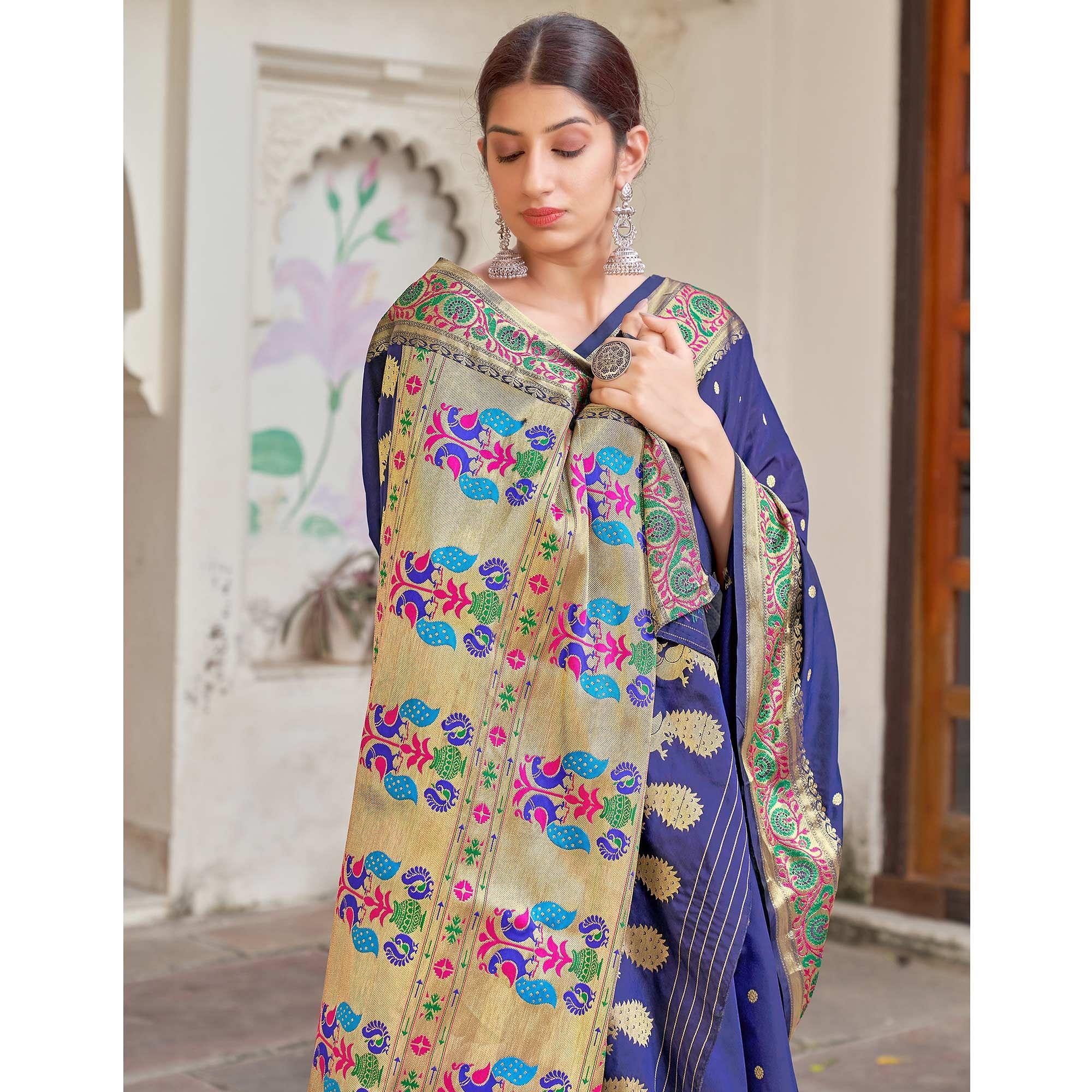 Blue Festive Wear Woven Banarasi Soft Silk Saree - Peachmode