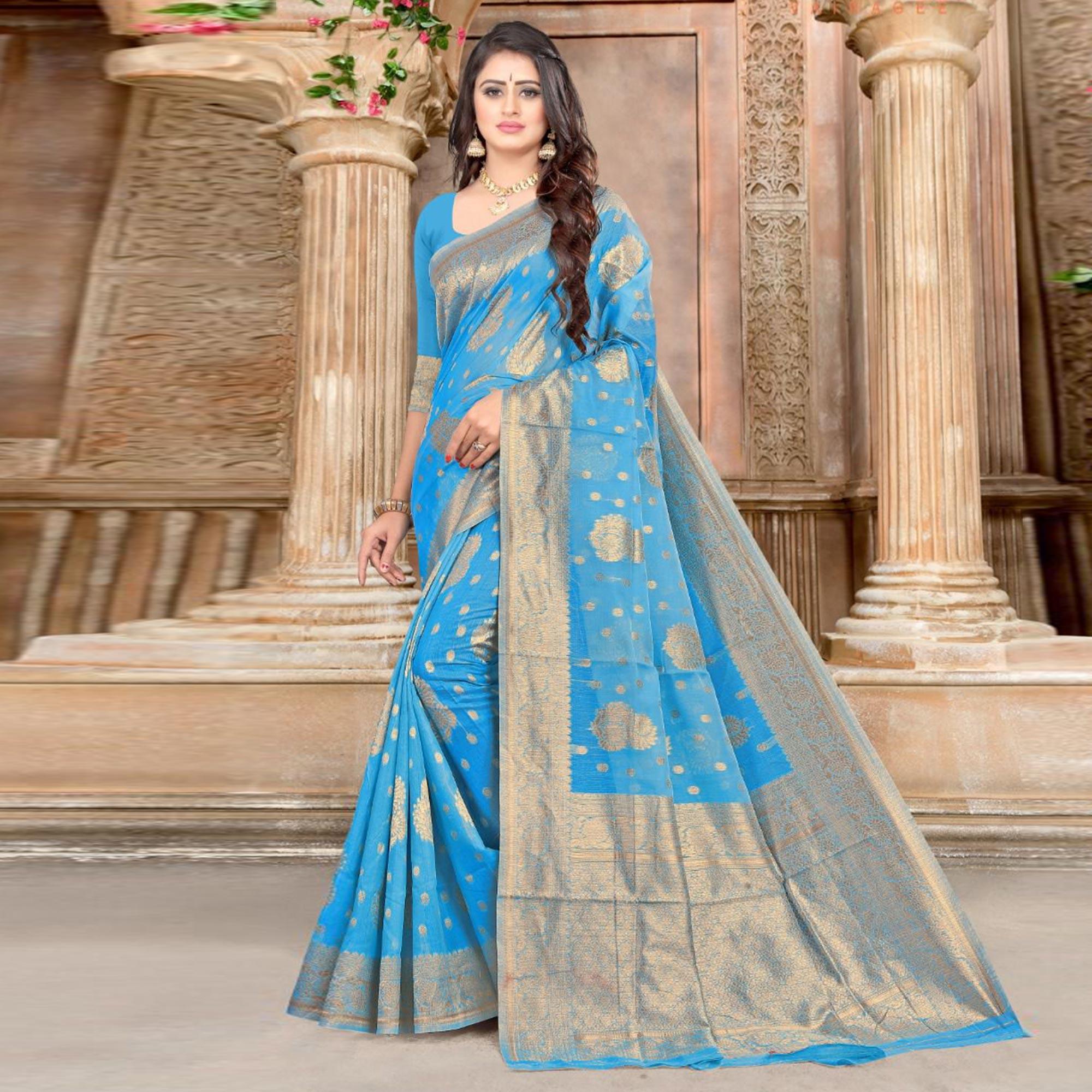 Blue Festive Wear Woven Chanderi Cotton Saree - Peachmode