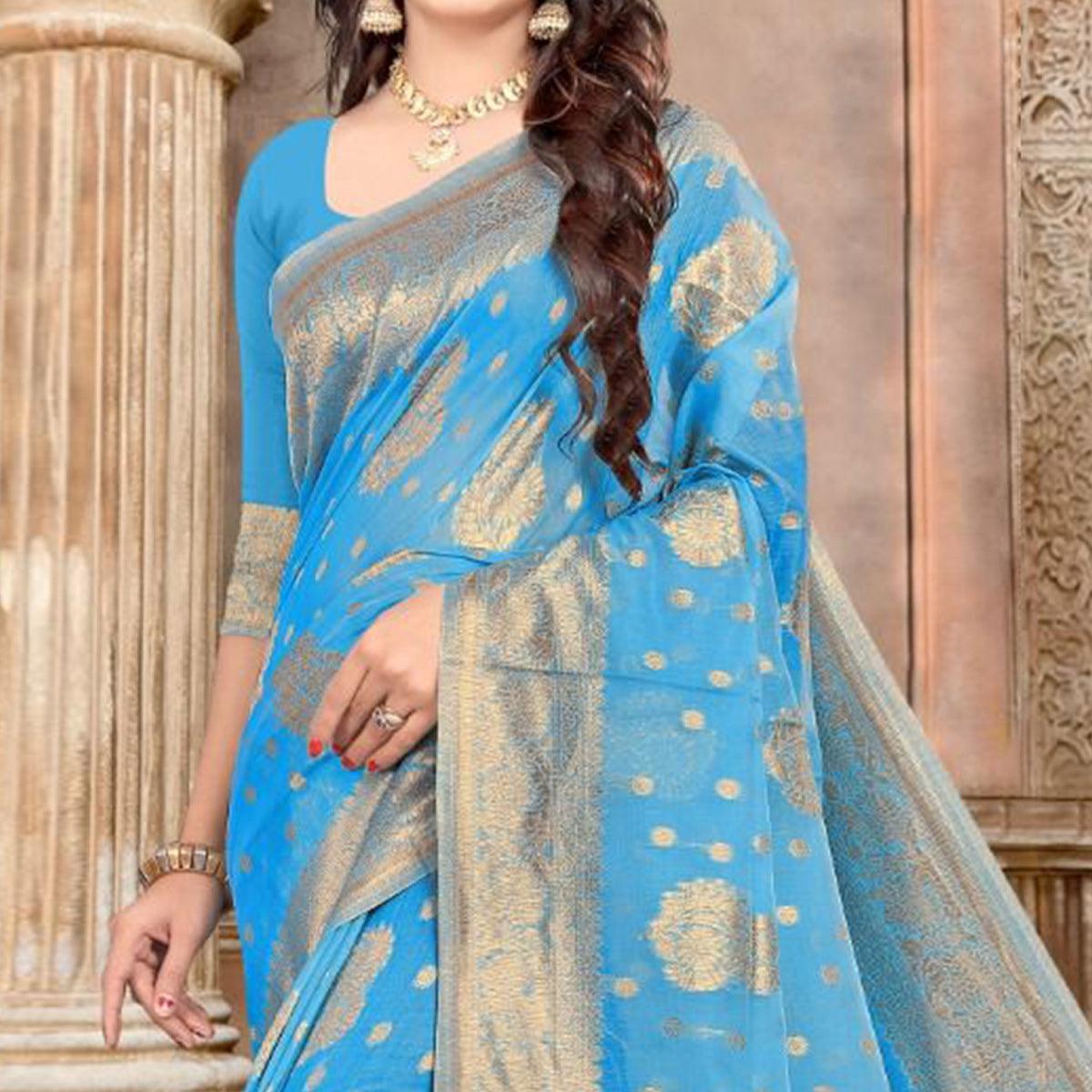 Blue Festive Wear Woven Chanderi Cotton Saree - Peachmode