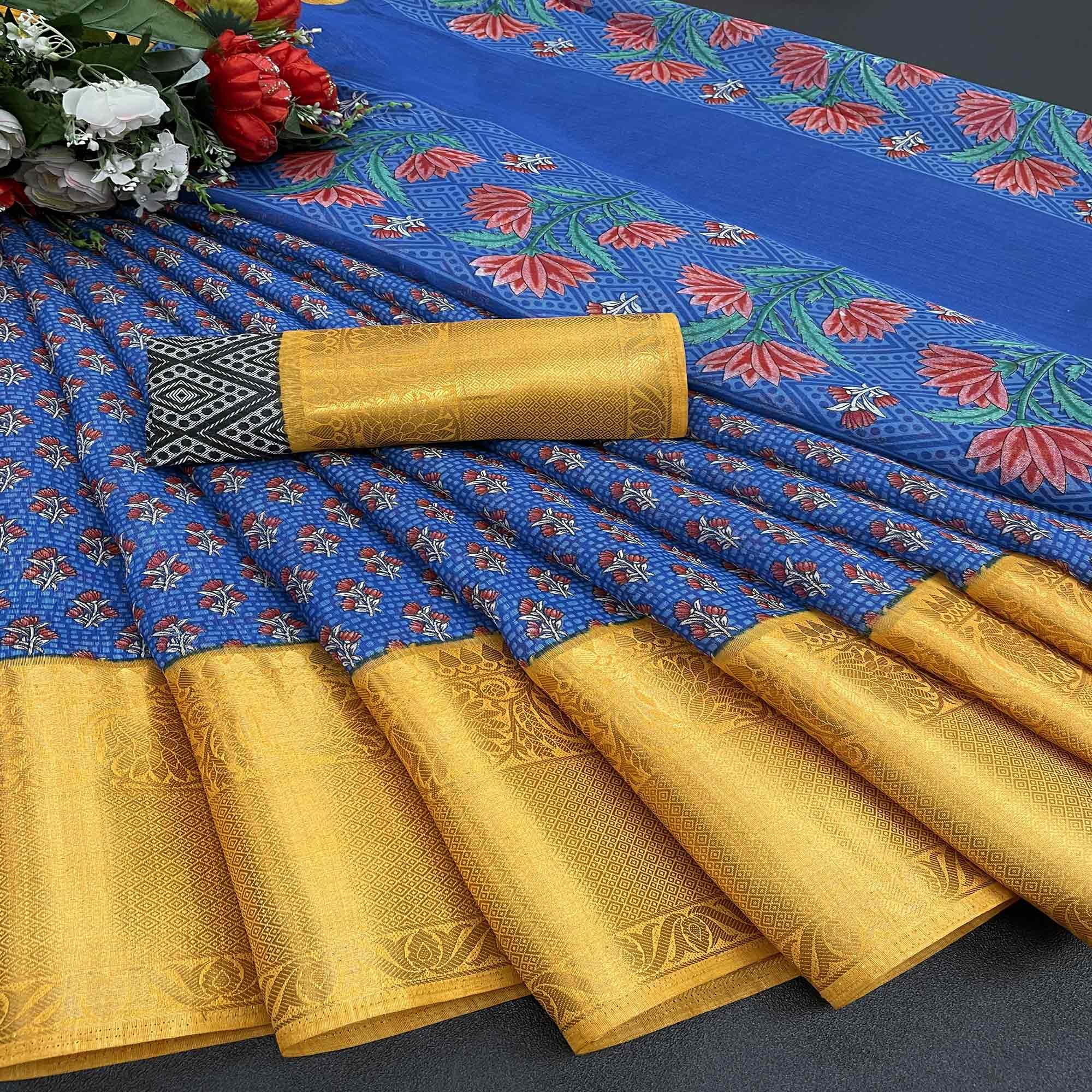 Blue Festive Wear Woven Chanderi Silk Saree - Peachmode