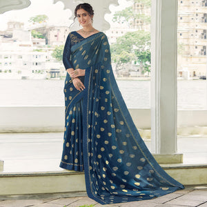 Blue Festive Wear Woven Chiffon Saree - Peachmode