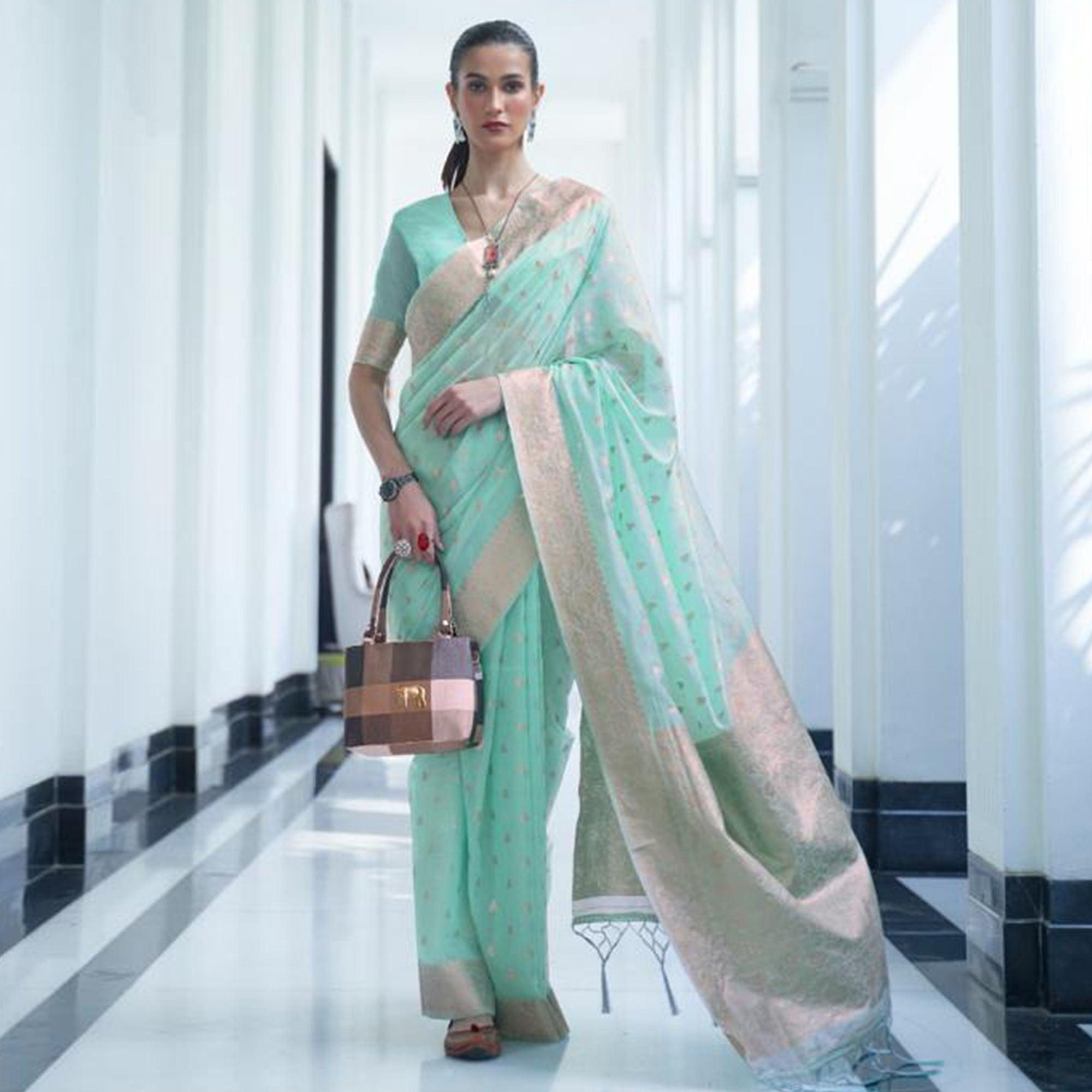 Blue Festive Wear Woven Cotton Saree - Peachmode