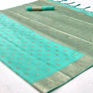 Blue Festive Wear Woven Cotton Saree - Peachmode