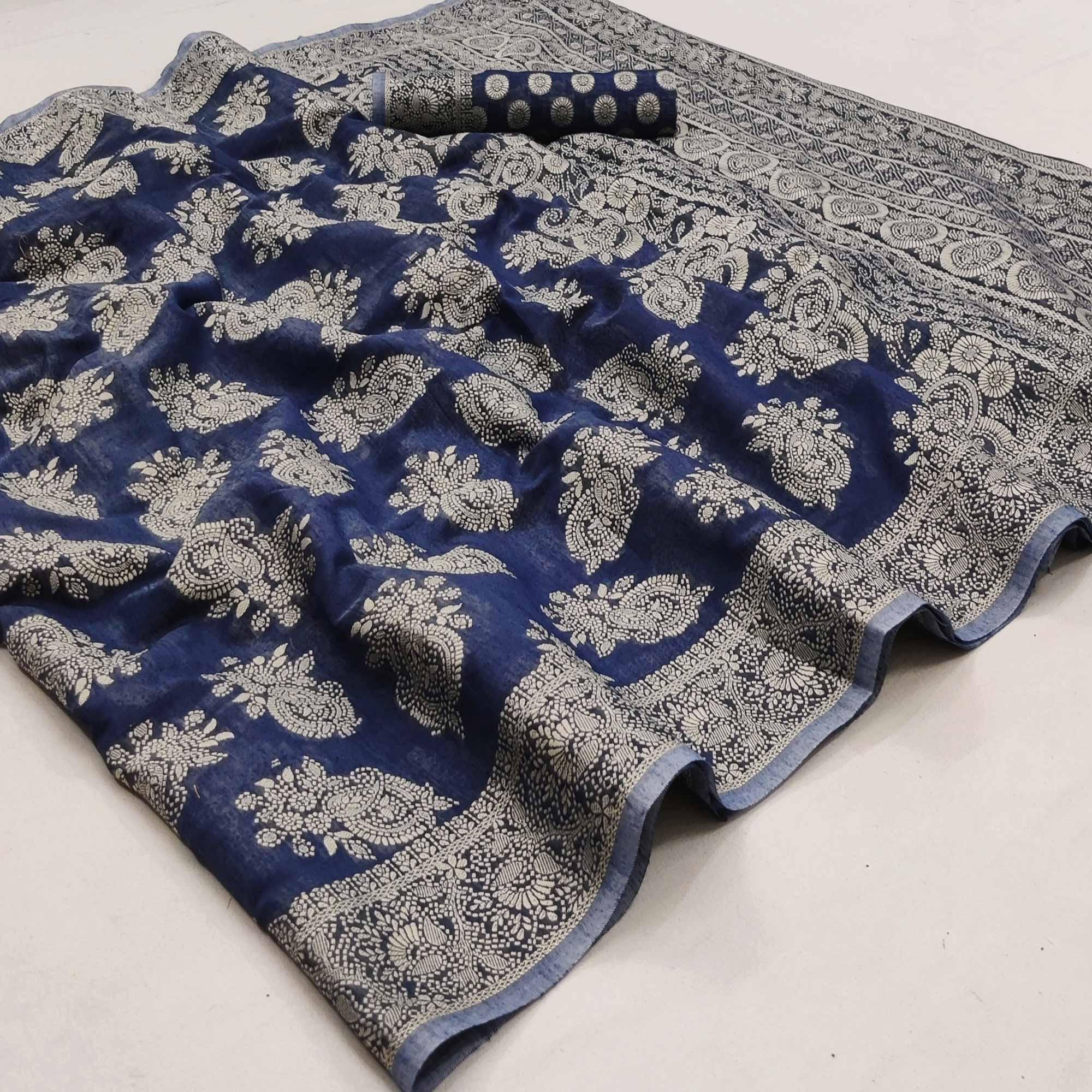 Blue Festive Wear Woven Cotton Saree - Peachmode