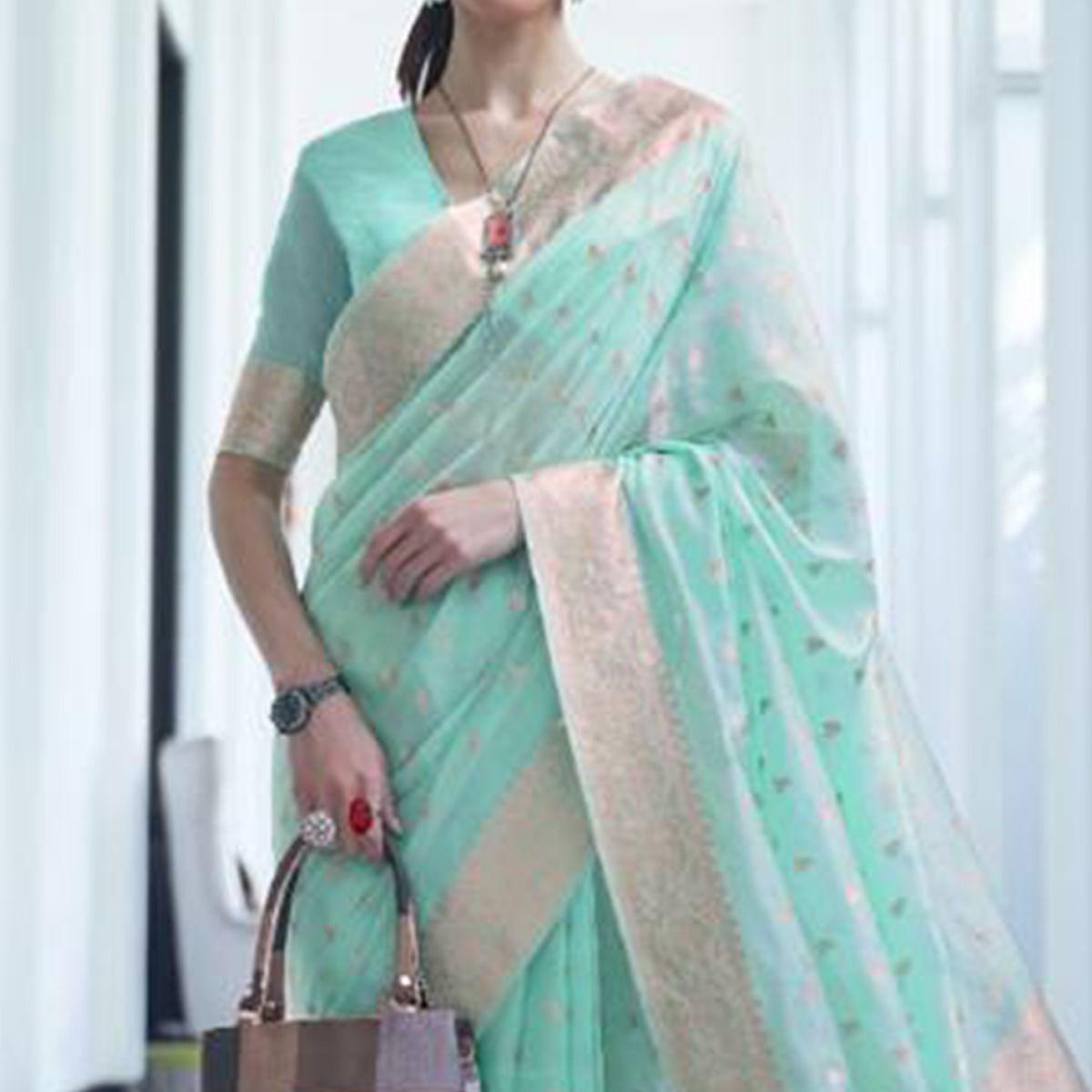 Blue Festive Wear Woven Cotton Saree - Peachmode