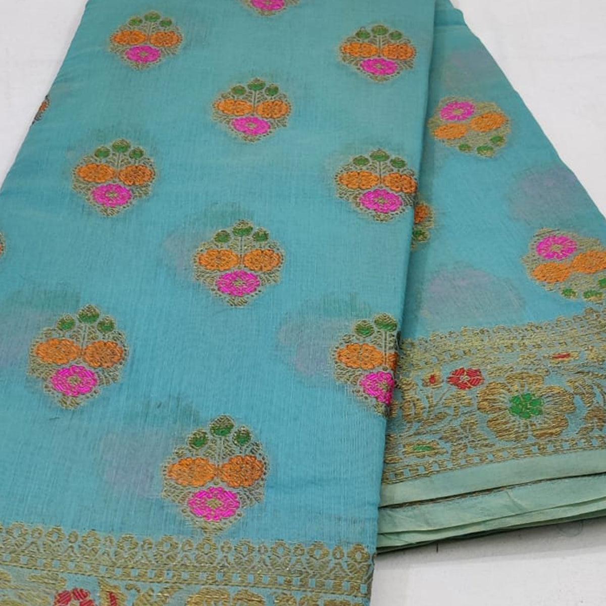 Blue Festive Wear Woven Cotton Saree With Meena Butta Pallu - Peachmode