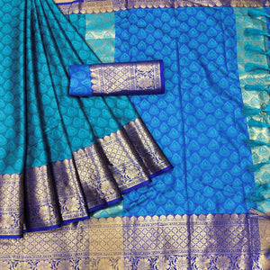Blue Festive Wear Woven Cotton Saree With Tassels - Peachmode
