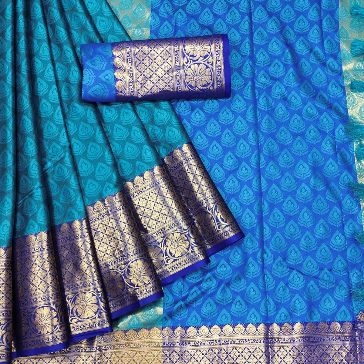 Blue Festive Wear Woven Cotton Saree With Tassels - Peachmode