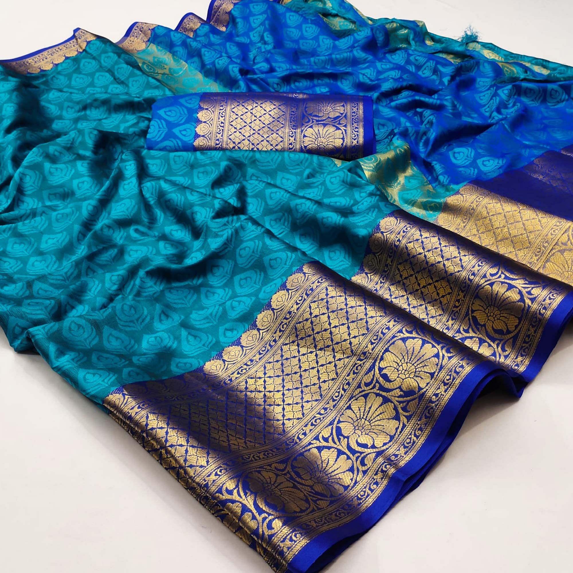 Blue Festive Wear Woven Cotton Saree With Tassels - Peachmode
