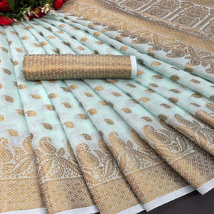 Blue Festive Wear Woven Cotton Saree With Zari Border - Peachmode