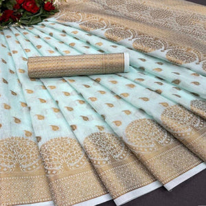 Blue Festive Wear Woven Cotton Saree With Zari Border - Peachmode