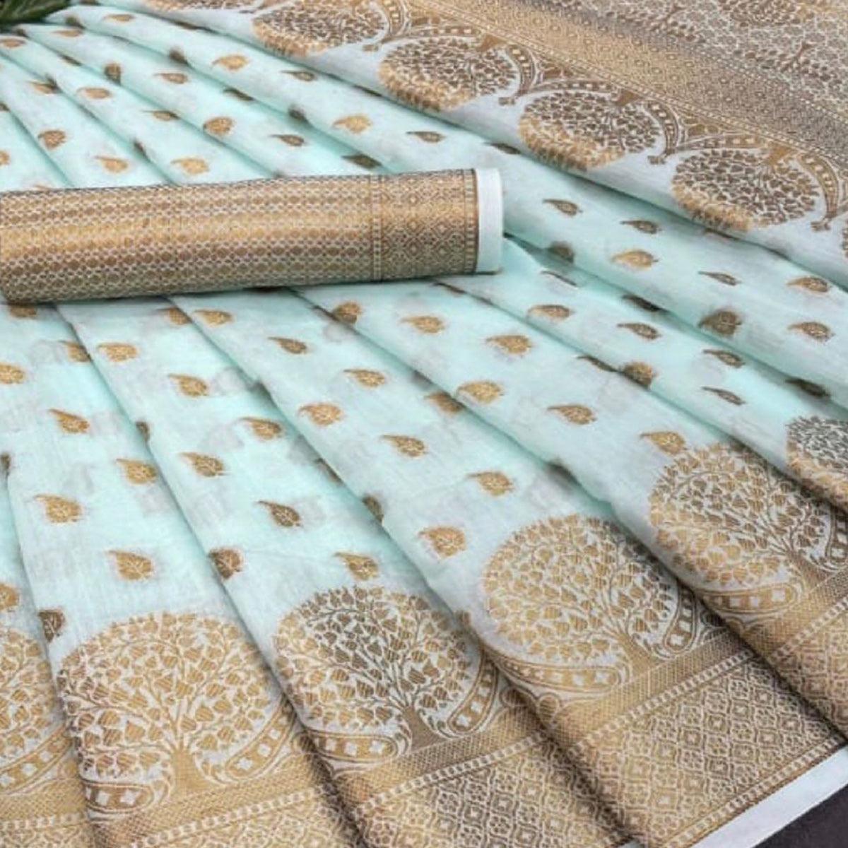 Blue Festive Wear Woven Cotton Saree With Zari Border - Peachmode