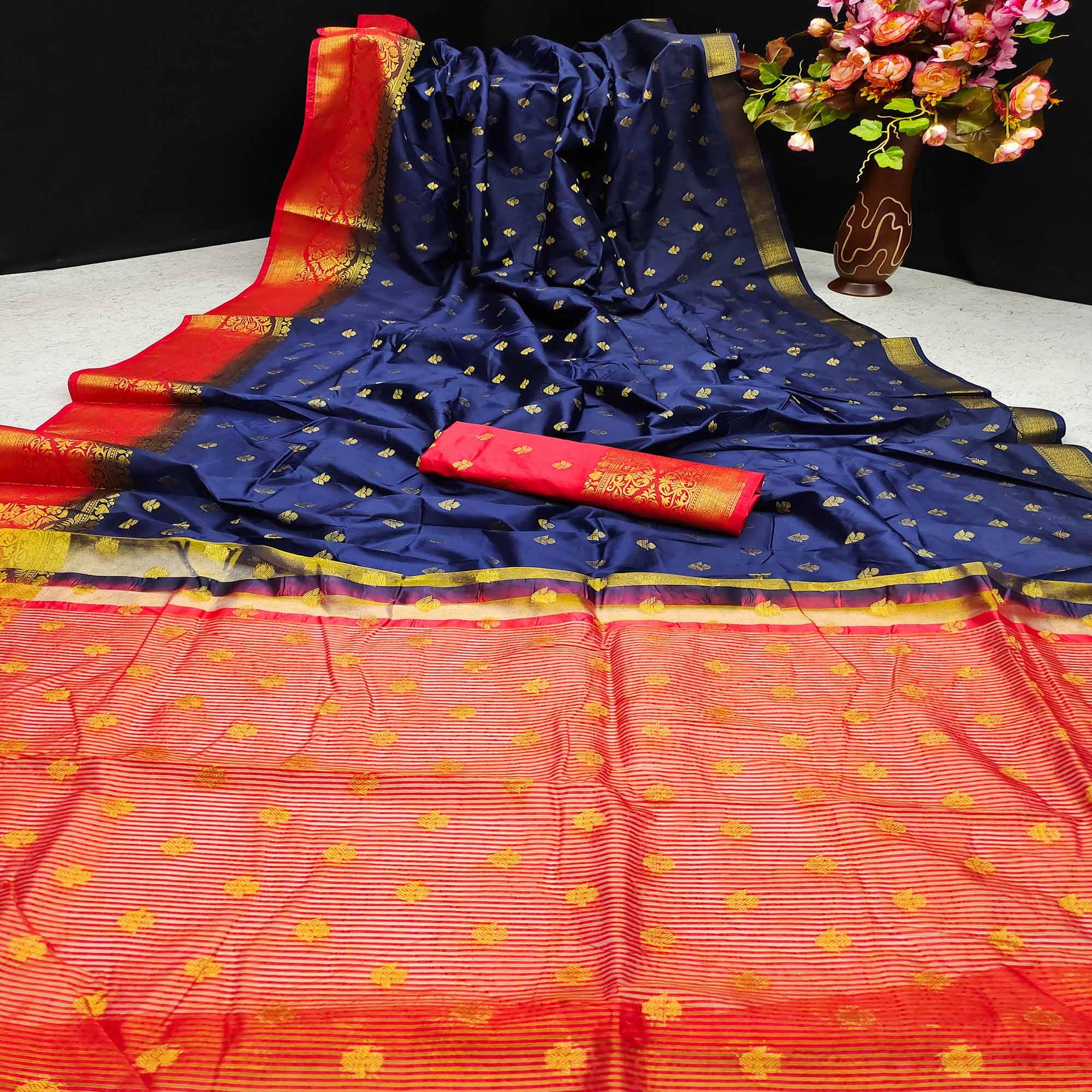 Blue Festive Wear Woven Cotton Silk Saree - Peachmode