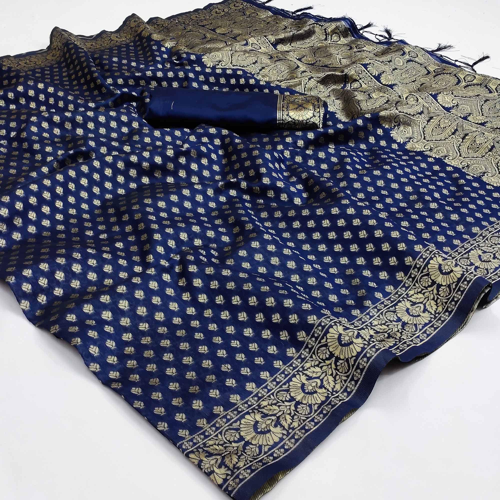 Blue Festive Wear Woven Cotton Silk Saree - Peachmode