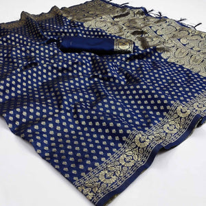 Blue Festive Wear Woven Cotton Silk Saree - Peachmode