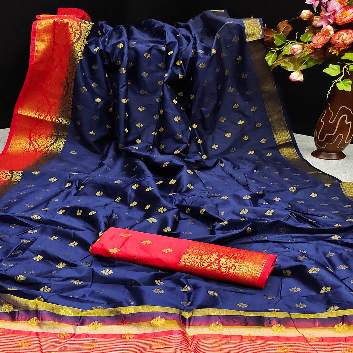 Blue Festive Wear Woven Cotton Silk Saree - Peachmode