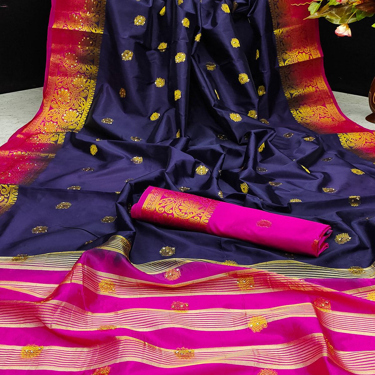 Blue Festive Wear Woven Cotton Silk Saree - Peachmode