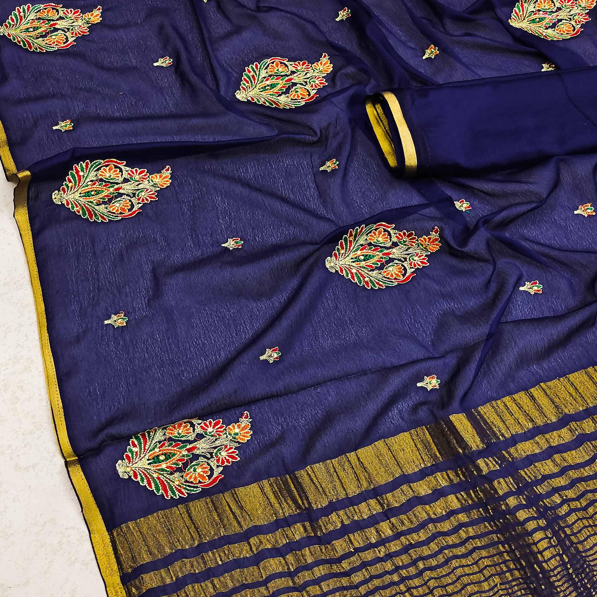 Blue Festive Wear Woven Cotton Silk Saree - Peachmode