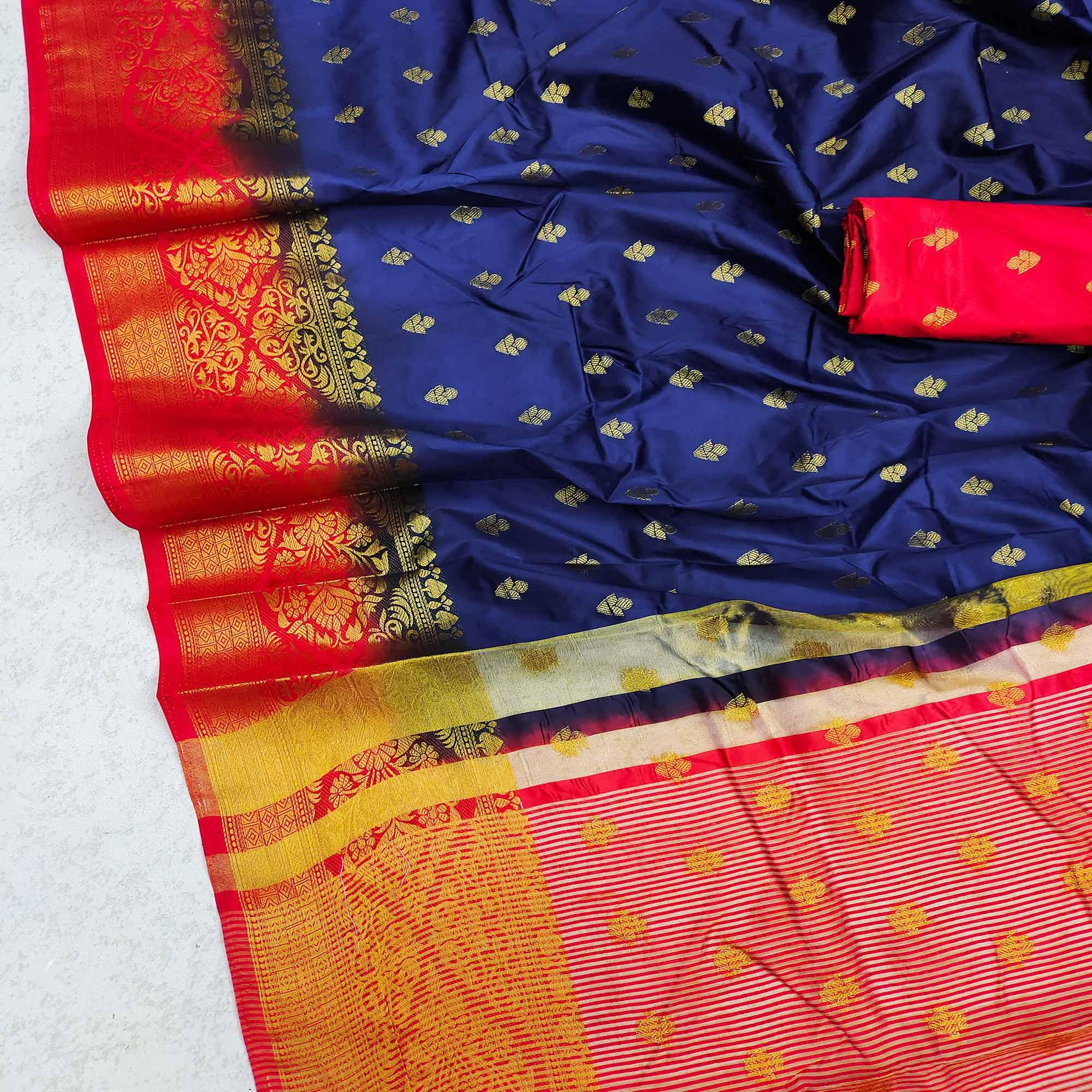 Blue Festive Wear Woven Cotton Silk Saree - Peachmode