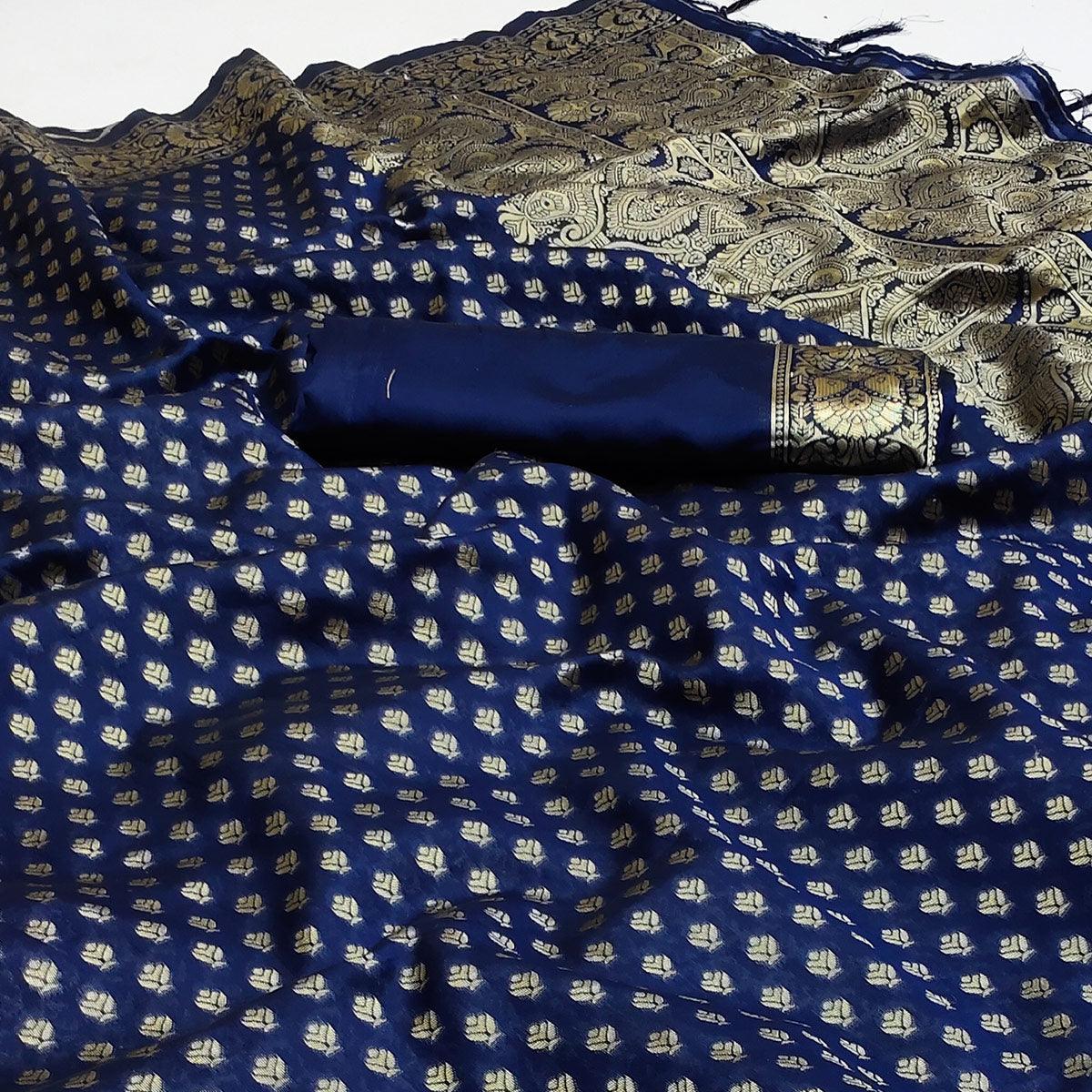 Blue Festive Wear Woven Cotton Silk Saree - Peachmode