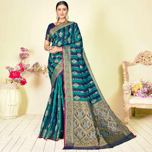 Blue Festive Wear Woven Handloom Paithani Silk Saree - Peachmode