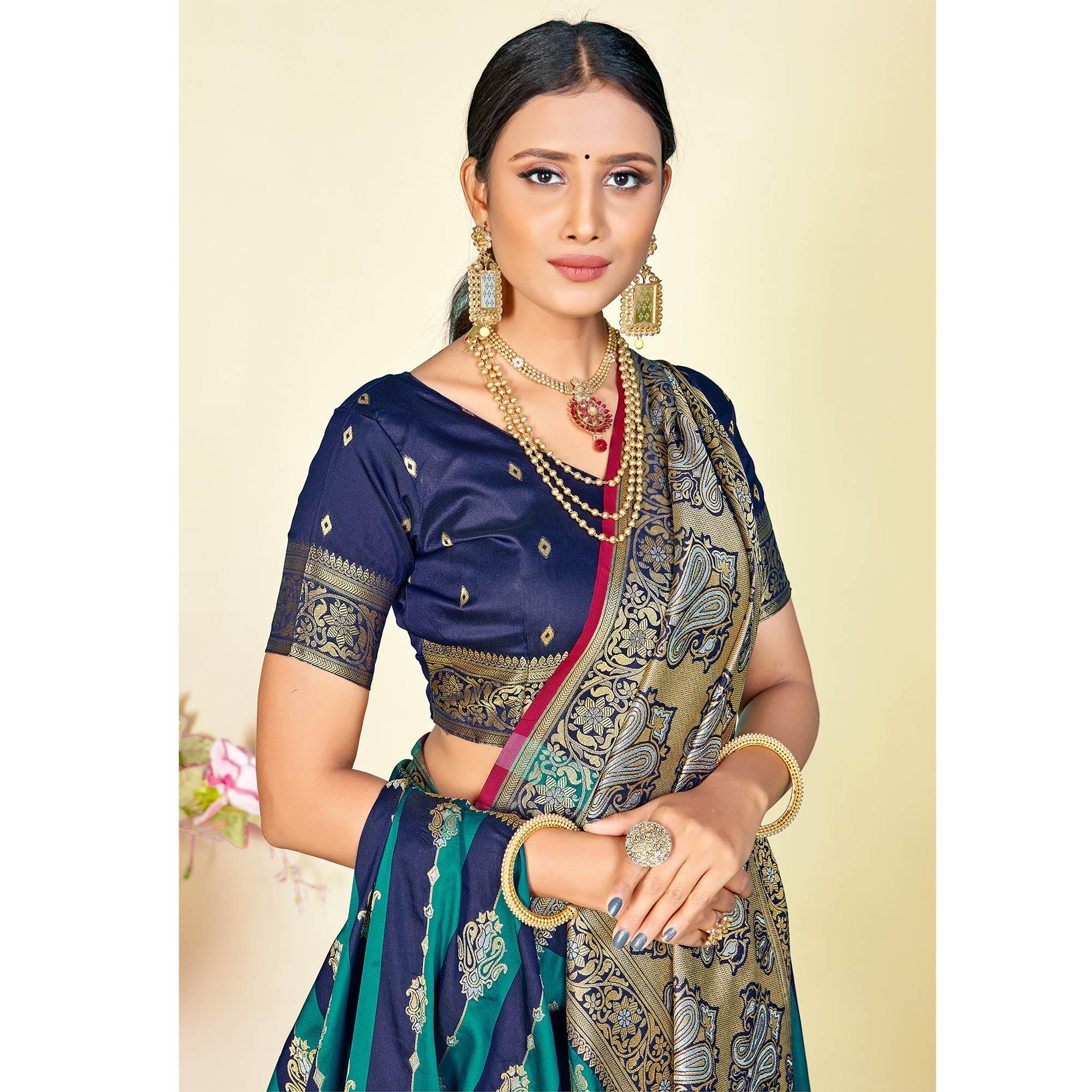 Blue Festive Wear Woven Handloom Paithani Silk Saree - Peachmode