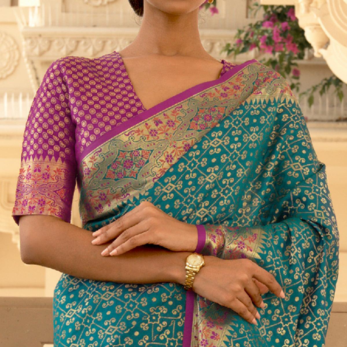 Blue Festive Wear Woven Handloom Saree - Peachmode