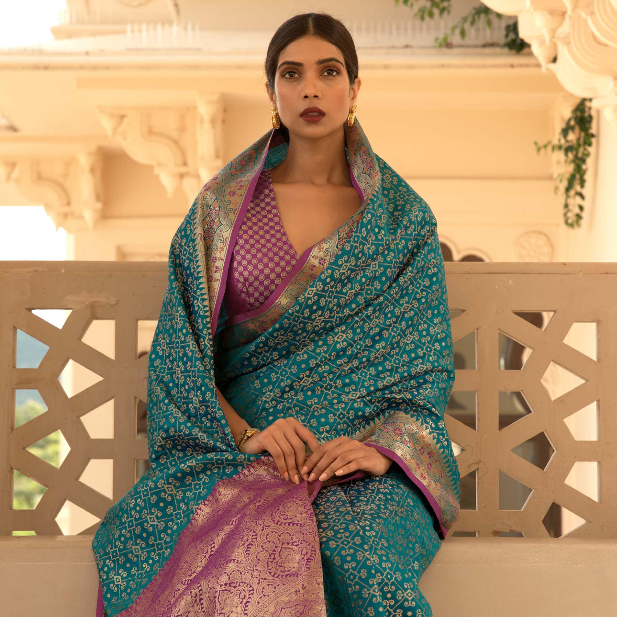 Blue Festive Wear Woven Handloom Saree - Peachmode