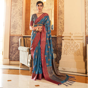 Blue Festive Wear Woven Handloom Silk Saree - Peachmode