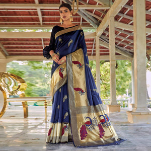 Blue Festive Wear Woven Handloom Silk Saree - Peachmode