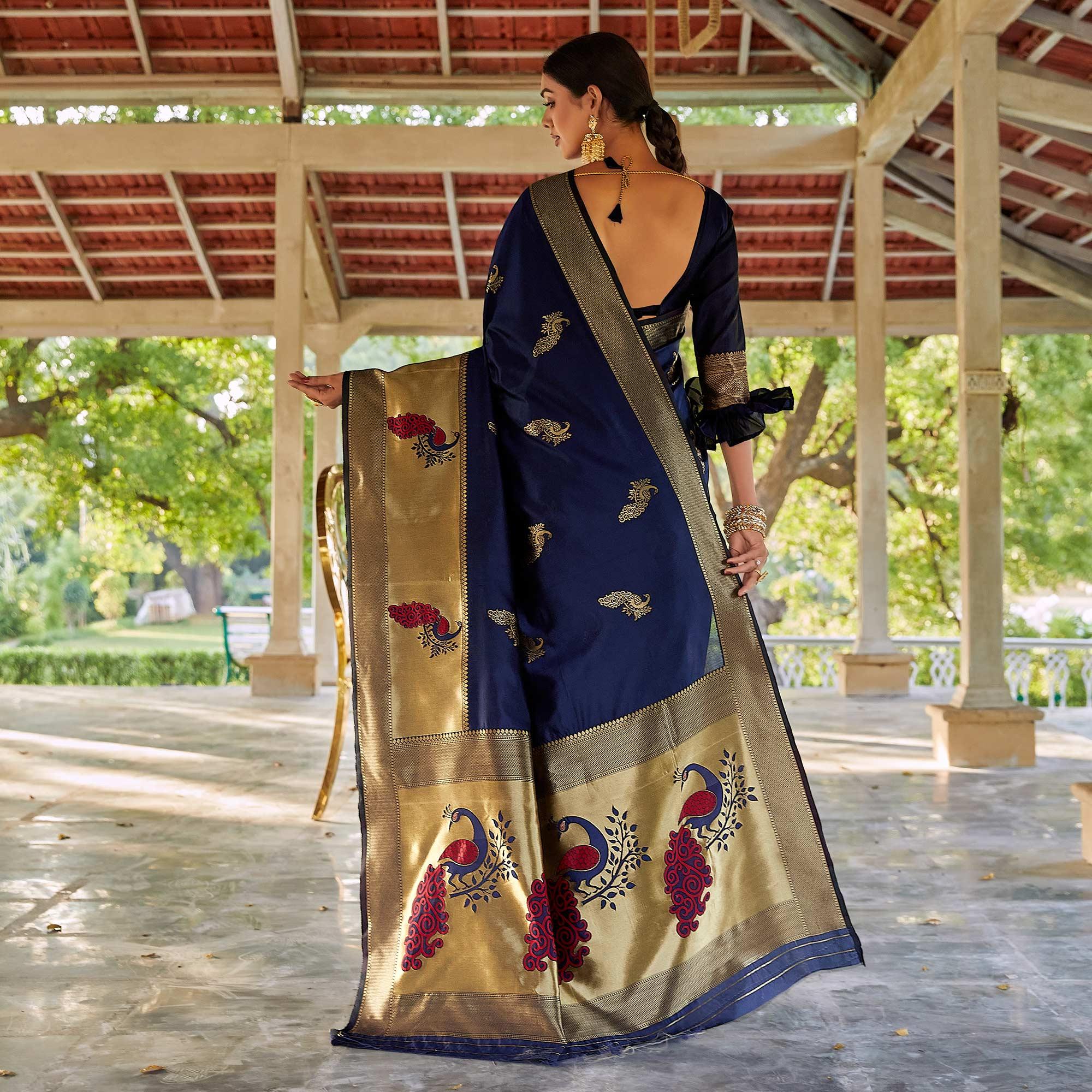 Blue Festive Wear Woven Handloom Silk Saree - Peachmode