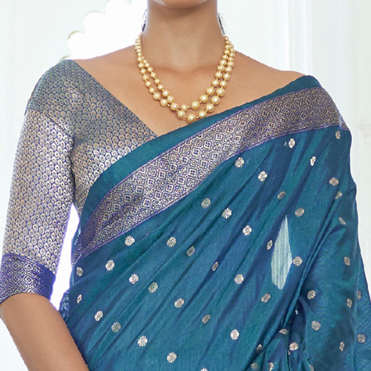 Blue Festive Wear Woven Handloom Silk Saree - Peachmode