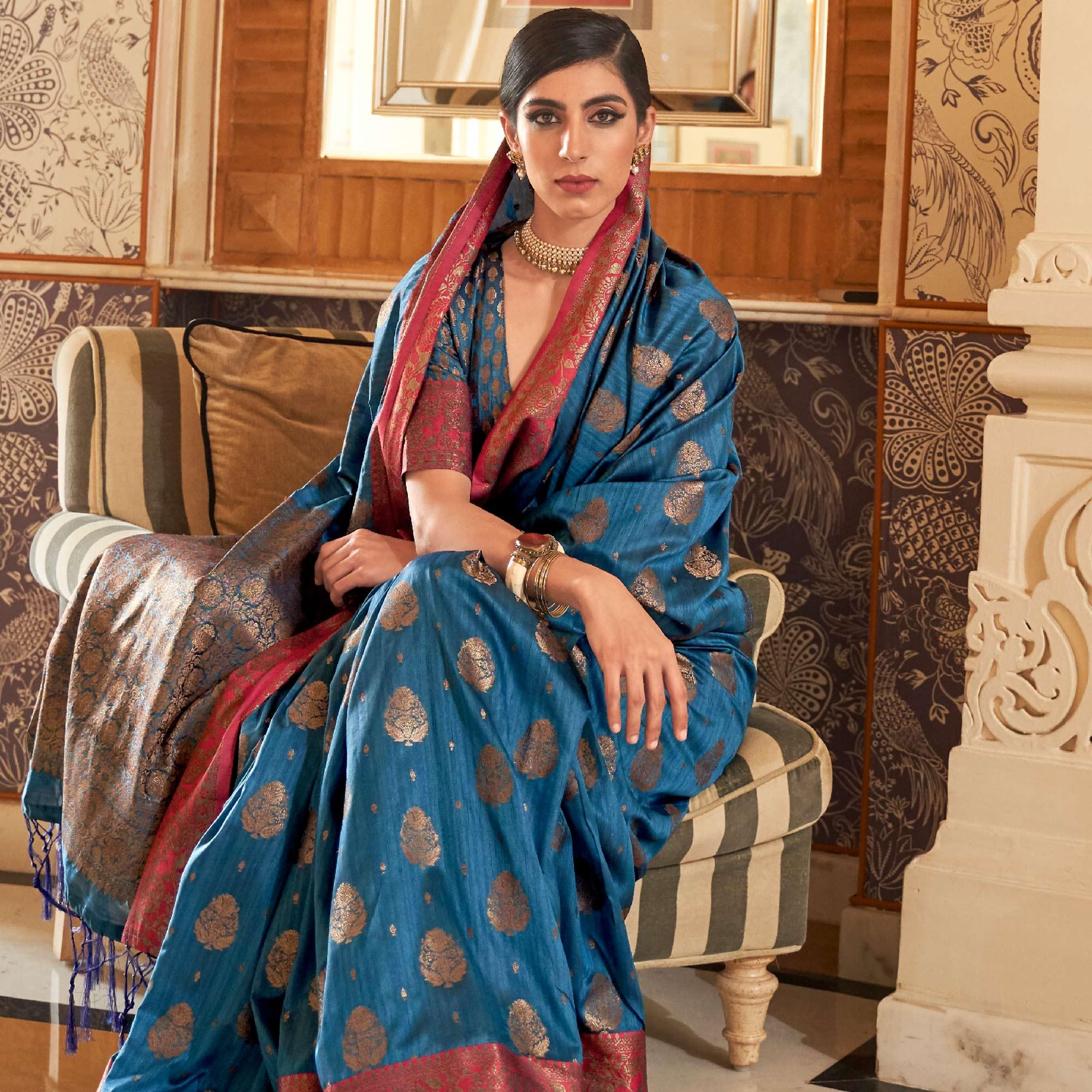 Blue Festive Wear Woven Handloom Silk Saree - Peachmode