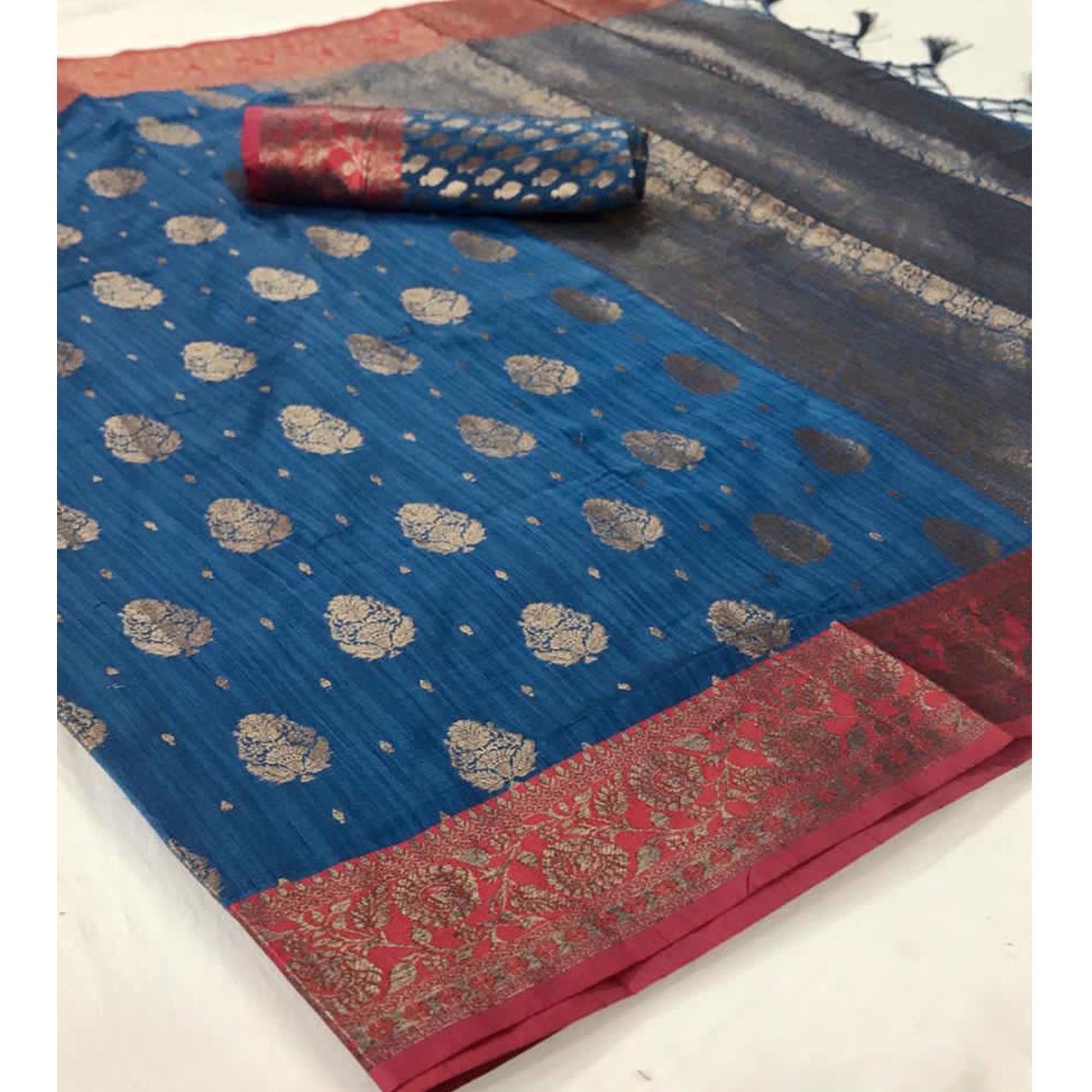 Blue Festive Wear Woven Handloom Silk Saree - Peachmode