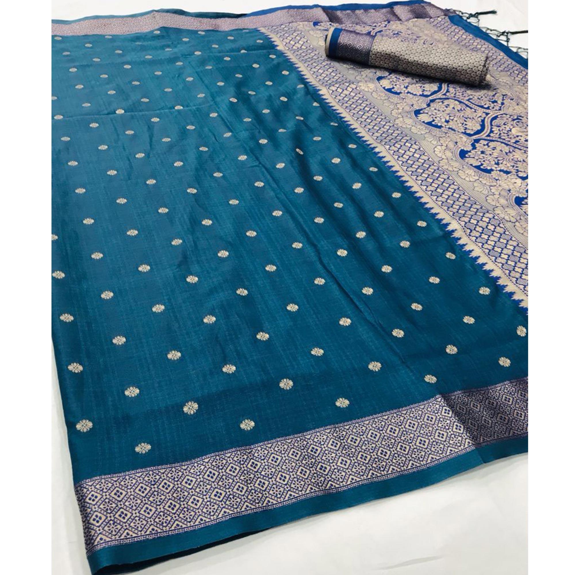 Blue Festive Wear Woven Handloom Silk Saree - Peachmode