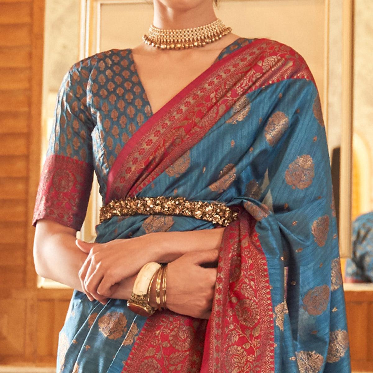 Blue Festive Wear Woven Handloom Silk Saree - Peachmode
