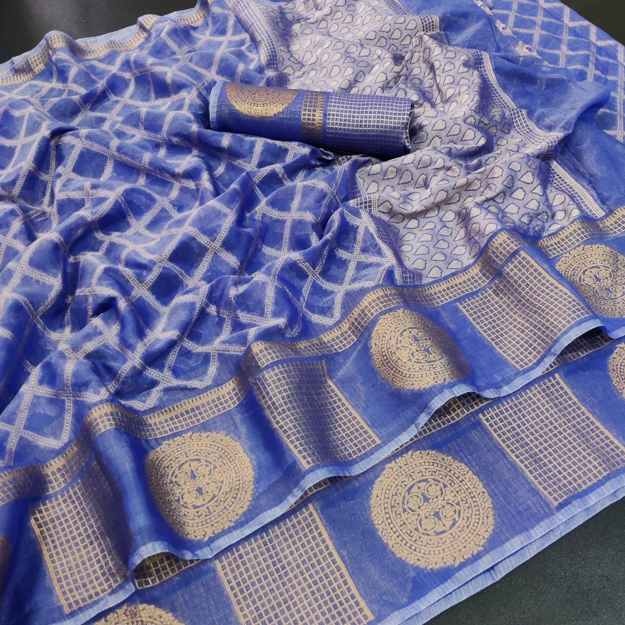 Blue Festive Wear Woven Jacquard Banarasi Saree - Peachmode