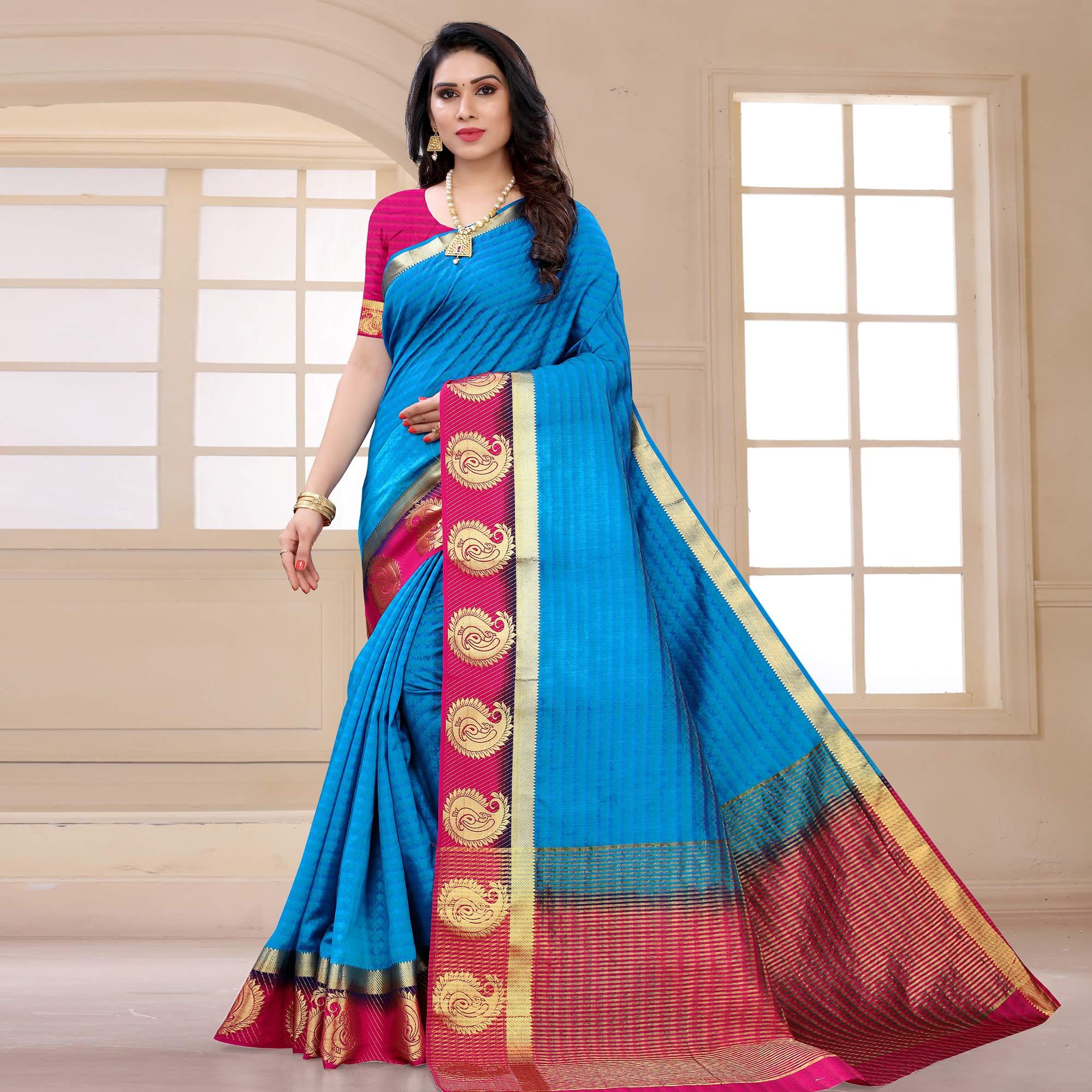 Blue Festive Wear Woven Kanjiwaram Art Silk Saree - Peachmode