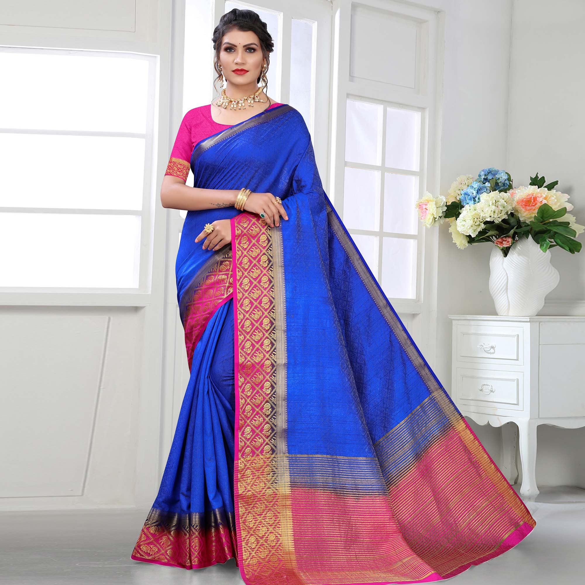 Blue Festive Wear Woven Kanjiwaram Art Silk Saree - Peachmode